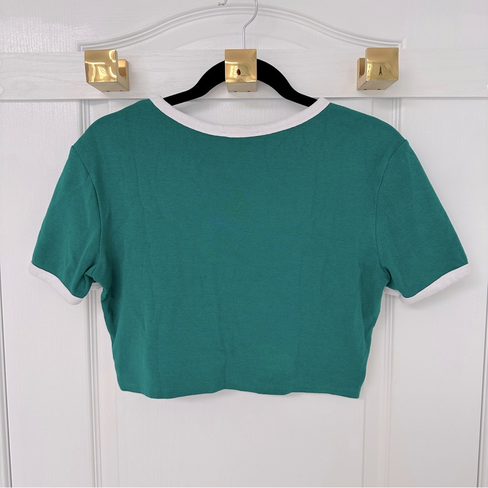 🔥2/$40🔥 ZARA Beautiful Green Teal Short Sleeve Crop Top - Picture 3 of 5